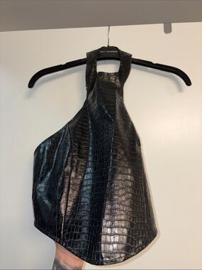 Black Croc-Embossed Faux Leather Halter Top